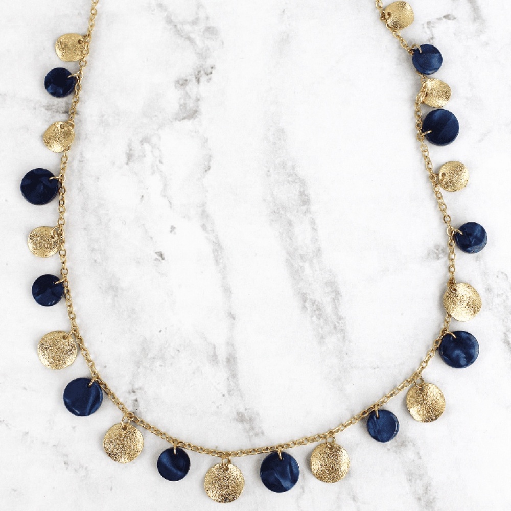 NAVY RESIN AND GOLDTONE DISK CHARM NECKLACE